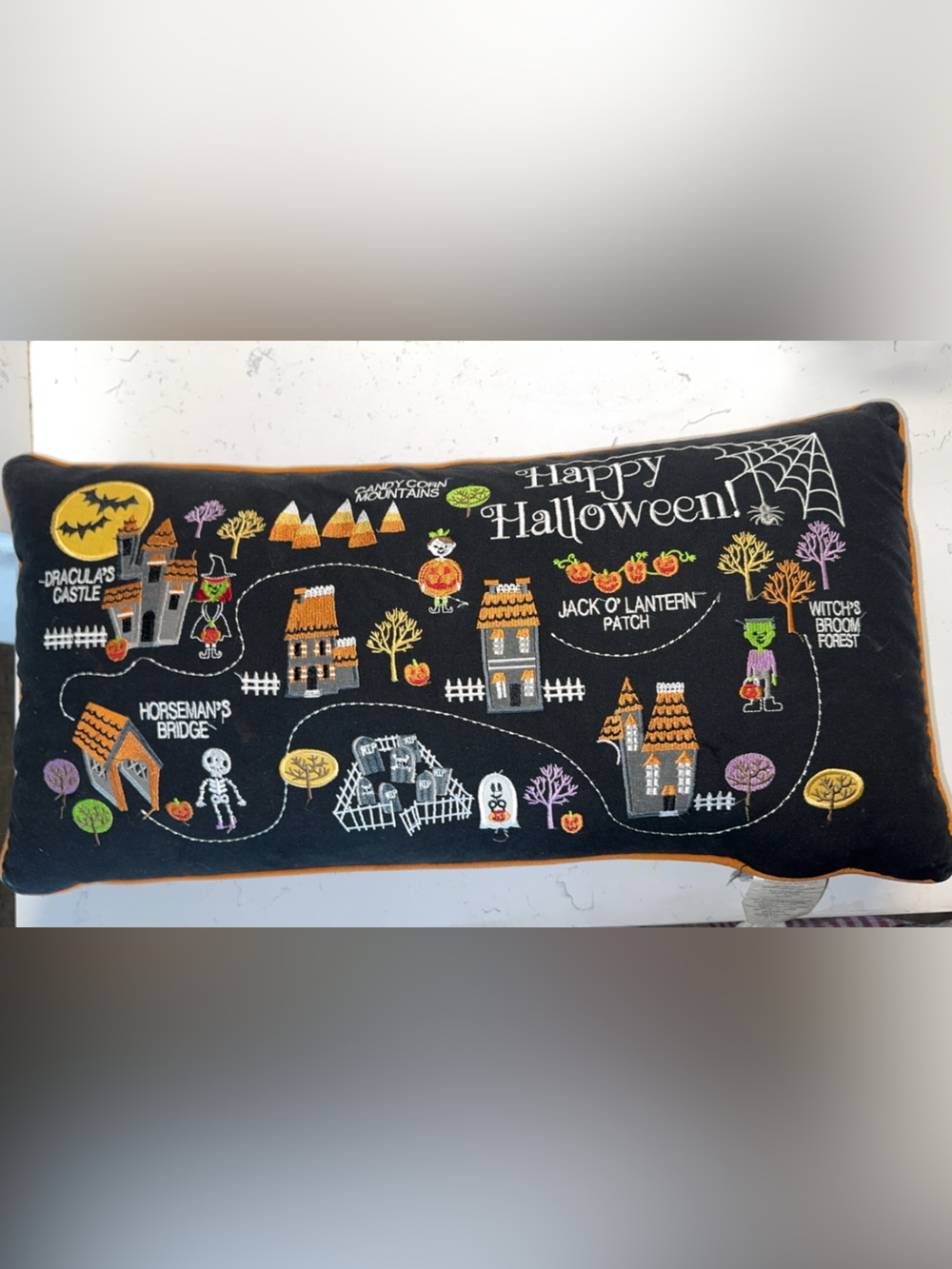 Halloween Embroidered Black decorative pillow with Orange Trim